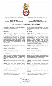 Lettres patentes enregistrant les emblèmes héraldiques d'Arthur William Patrick Buchanan