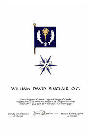 Letters patent granting heraldic emblems to William David Sinclair