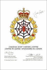 Letters patent approving the heraldic emblems of the  Canadian Joint Warfare Centre