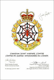 Letters patent approving the heraldic emblems of the Canadian Joint Warfare Centre Letters patent approving the heraldic emblems of the Canadian Joint Warfare Centre