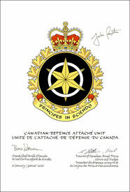 Lettres patentes approuvant les emblèmes héraldiques de l'Unité de l’attaché de Défense Canada
