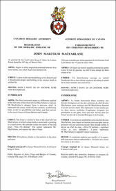 Letters patent registering the heraldic emblems of John Malcolm MacFarlane