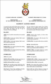 Lettres patentes enregistrant les emblèmes héraldiques de Hamnett Alonzo Dixon