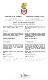 Letters patent registering the heraldic emblems of Saint Patrick’s High School Letters patent registering the heraldic emblems of Saint Patrick’s High School