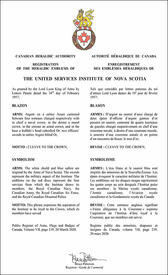 Lettres patentes enregistrant les emblèmes héraldiques de The United Services Institute of Nova Scotia