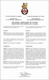 Letters patent registering the heraldic emblems of The Hotel Association of Canada