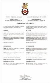 Lettres patentes enregistrant les emblèmes héraldiques d' Alfred Edward Green Lettres patentes enregistrant les emblèmes héraldiques d' Alfred Edward Green