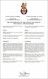 Lettres patentes enregistrant les emblèmes héraldiques de The Municipality of the County of Halifax