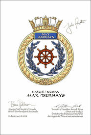 Letters patent approving the heraldic emblems of HMCS Max Bernays