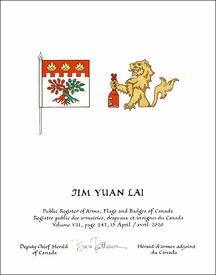 Lettres patentes concédant des emblèmes héraldiques à Jim Yuan Lai Lettres patentes concédant des emblèmes héraldiques à Jim Yuan Lai