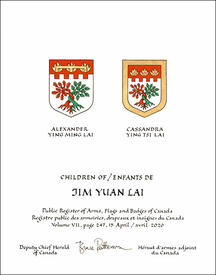 Letters patent granting heraldic emblems to Jim Yuan Lai