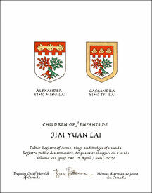 Lettres patentes concédant des emblèmes héraldiques à Jim Yuan Lai Lettres patentes concédant des emblèmes héraldiques à Jim Yuan Lai