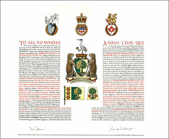 Letters patent granting heraldic emblems to the Saskatchewan Genealogical Society Inc.