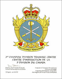 Lettres patentes  approuvant les emblèmes héraldiques du Centre d’instruction de la 3e Division du Canada