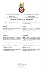 Lettres patentes enregistrant les emblèmes héraldiques d'Alwyn Edgar Thurlow Hodgkinson