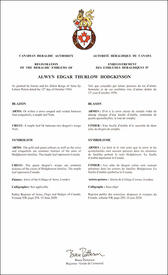 Letters patent registering the heraldic emblems of Alwyn Edgar Thurlow Hodgkinson Letters patent registering the heraldic emblems of Alwyn Edgar Thurlow Hodgkinson