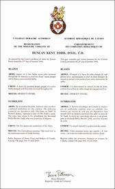 Lettres patentes enregistrant les emblèmes héraldiques de Duncan Kent Todd