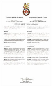 Lettres patentes enregistrant les emblèmes héraldiques de Duncan Kent Todd Lettres patentes enregistrant les emblèmes héraldiques de Duncan Kent Todd