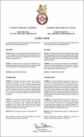 Lettres patentes enregistrant les emblèmes héraldiques de James Muir Lettres patentes enregistrant les emblèmes héraldiques de James Muir