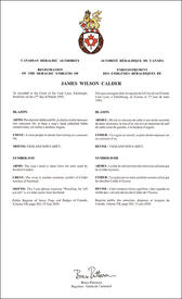Lettres patentes enregistrant les emblèmes héraldiques de James Wilson Calder