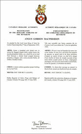Letters patent registering the heraldic emblems of Angus Gordon Macpherson