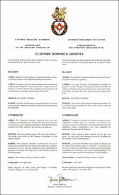 Lettres patentes enregistrant les emblèmes héraldiques de Clifford Roderick Shorney Lettres patentes enregistrant les emblèmes héraldiques de Clifford Roderick Shorney