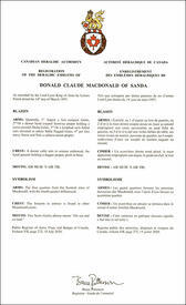 Lettres patentes enregistrant les emblèmes héraldiques de Donald Claude MacDonald of Sanda