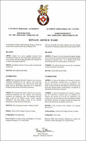 Letters patent registering the heraldic emblems of Ronald Arthur Ward