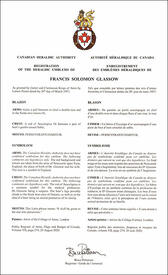 Lettres patentes enregistrant les emblèmes héraldiques de Francis Solomon Glassow Lettres patentes enregistrant les emblèmes héraldiques de Francis Solomon Glassow