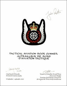 Letters patent approving the heraldic emblems of a Tactical Aviation Door Gunner of the Canadian Armed Forces