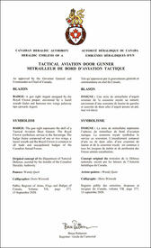 Lettres patentes approuvant les emblèmes héraldiques d'un mitrailleur de bord d’aviation tactique des Forces armées canadiennes