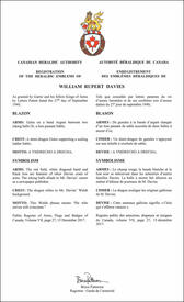 Letters patent registering the heraldic emblems of William Rupert Davies Letters patent registering the heraldic emblems of William Rupert Davies