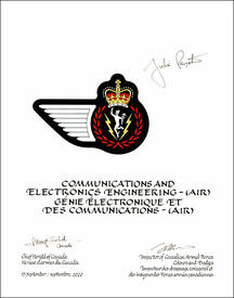 Letters patent approving the heraldic emblems of Communications and Electronics Engineering – (Air) of the Royal Canadian Air Force