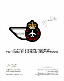 Letters patent approving the heraldic emblems of an Aviation Systems Technician of the Royal Canadian Air Force
