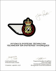 Letters patent approving the heraldic emblems of an Avionics Systems Technician of the Royal Canadian Air Force