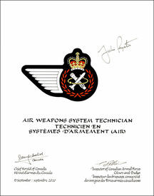Letters patent approving the heraldic emblems of an Air Weapons System Technician of the Royal Canadian Air Force