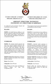 Letters patent approving the heraldic emblems of an Aircraft Structure Technician of the Royal Canadian Air Force Letters patent approving the heraldic emblems of an Aircraft Structure Technician of the Royal Canadian Air Force