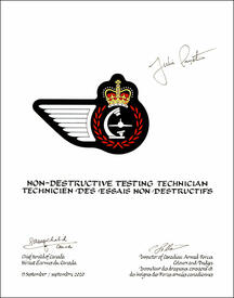 Lettres patentes approuvant les emblèmes héraldiques d'un Technicien des essais non destructifs de l’Aviation royale canadienne Lettres patentes approuvant les emblèmes héraldiques d'un Technicien des essais non destructifs de l’Aviation royale canadienne
