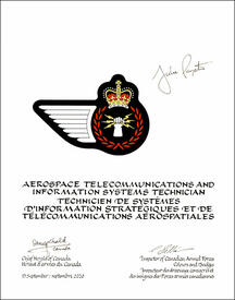 Letters patent approving the heraldic emblems of Aerospace Telecommunications and Information Systems Technician of the Royal Canadian Air Force