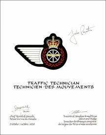 Letters patent approving the heraldic emblems of the Traffic Technician of the Royal Canadian Air Force