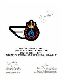 Letters patentapproving the heraldic emblems of the Water, Fuels and Environment Technician of the Royal Canadian Air Force