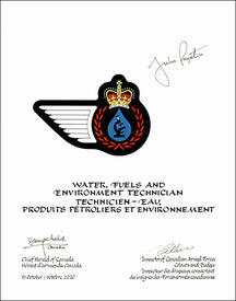 Lettres patentes approuvant les emblèmes héraldiques du Technicien – eau, produits pétroliers et environnement de l’Aviation royale canadienne Lettres patentes approuvant les emblèmes héraldiques du Technicien – eau, produits pétroliers et environnement de l’Aviation royale canadienne