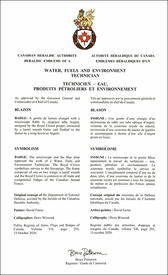 Lettres patentes approuvant les emblèmes héraldiques du Technicien – eau, produits pétroliers et environnement de l’Aviation royale canadienne Lettres patentes approuvant les emblèmes héraldiques du Technicien – eau, produits pétroliers et environnement de l’Aviation royale canadienne