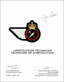 Letters patent approving the heraldic emblems of the Construction Technician of the Royal Canadian Air Force