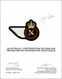 Letters patent approving the heraldic emblems of the  Electrical Distribution Technician of the Royal Canadian Air Force