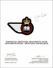 Letters patent approving the heraldic emblems of the Financial Services Administrator of the Royal Canadian Air Force