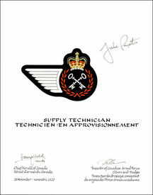 Letters patent approving the heraldic emblems of the Supply Technician of the Royal Canadian Air Force Letters patent approving the heraldic emblems of the Supply Technician of the Royal Canadian Air Force