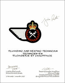 Lettres patentes approuvant les emblèmes héraldiques du Technicien en plomberie et chauffage de l’Aviation royale canadienne