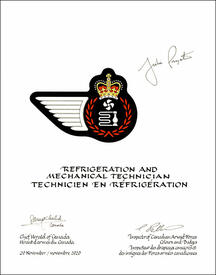 Lettres patentes approuvantles emblèmes héraldiques du Technicien en réfrigération de l’Aviation royale canadienne Lettres patentes approuvantles emblèmes héraldiques du Technicien en réfrigération de l’Aviation royale canadienne
