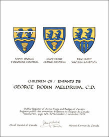 Letters patent granting heraldic emblems to George Robin Meldrum Letters patent granting heraldic emblems to George Robin Meldrum